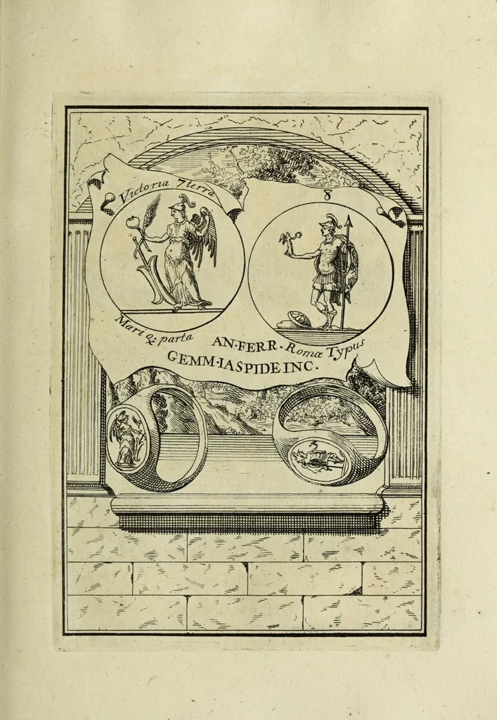 An illustration from Abrahami Gorlaei antverpiani Dactyliothecae, seu, Annulorum sigillarium quorum apud priscos tam Graecos quam Romanos usus, ex ferro, aere, argento & auro promptuarii pars prima[-secunda] : collectis aliunde & ineditis & editis annulorum figuris auctior, 1695, leaf 94