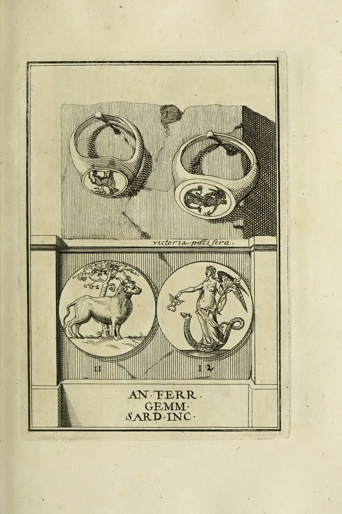 An illustration from Abrahami Gorlaei antverpiani Dactyliothecae, seu, Annulorum sigillarium quorum apud priscos tam Graecos quam Romanos usus, ex ferro, aere, argento & auro promptuarii pars prima[-secunda] : collectis aliunde & ineditis & editis annulorum figuris auctior, 1695, leaf 98