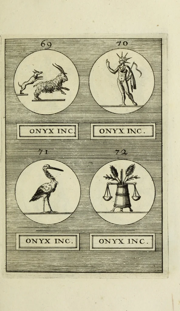 An illustration from Abrahami Gorlaei antverpiani Dactyliothecae, seu, Annulorum sigillarium quorum apud priscos tam Graecos quam Romanos usus, ex ferro, aere, argento & auro promptuarii pars prima[-secunda] : collectis aliunde & ineditis & editis annulorum figuris auctior, 1695, leaf 102