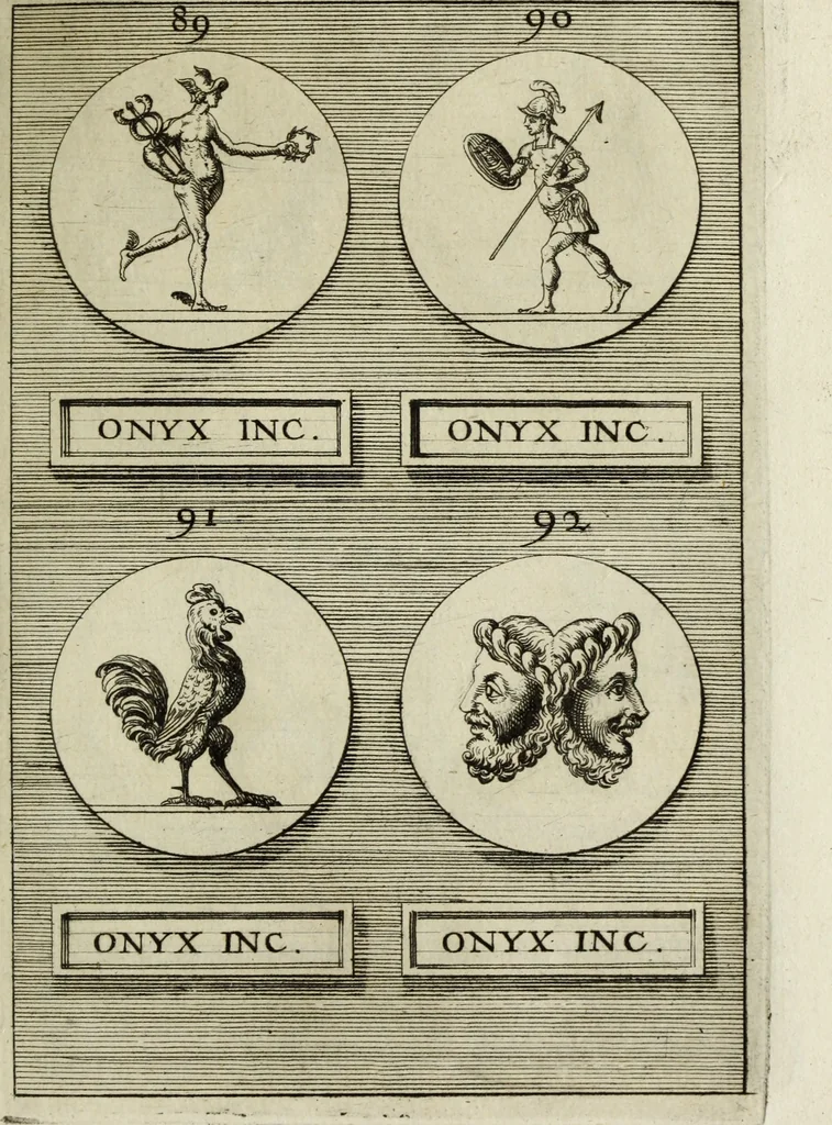 An illustration from Abrahami Gorlaei antverpiani Dactyliothecae, seu, Annulorum sigillarium quorum apud priscos tam Graecos quam Romanos usus, ex ferro, aere, argento & auro promptuarii pars prima[-secunda] : collectis aliunde & ineditis & editis annulorum figuris auctior, 1695, leaf 112