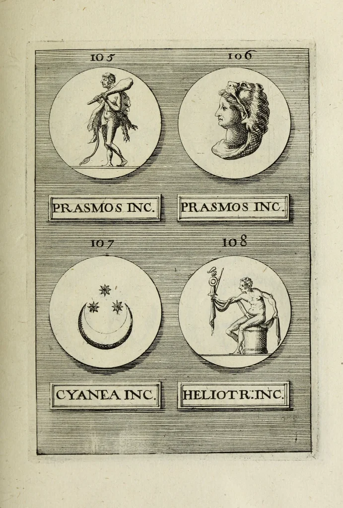 An illustration from Abrahami Gorlaei antverpiani Dactyliothecae, seu, Annulorum sigillarium quorum apud priscos tam Graecos quam Romanos usus, ex ferro, aere, argento & auro promptuarii pars prima[-secunda] : collectis aliunde & ineditis & editis annulorum figuris auctior, 1695, leaf 120