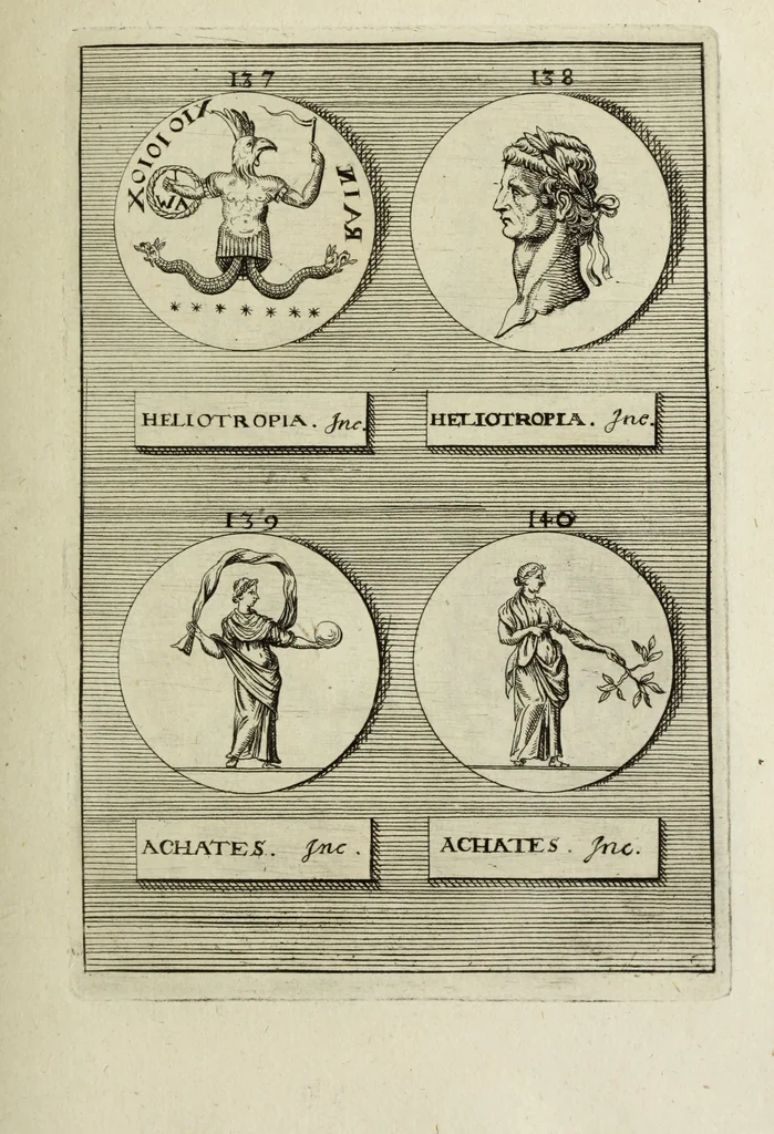 An illustration from Abrahami Gorlaei antverpiani Dactyliothecae, seu, Annulorum sigillarium quorum apud priscos tam Graecos quam Romanos usus, ex ferro, aere, argento & auro promptuarii pars prima[-secunda] : collectis aliunde & ineditis & editis annulorum figuris auctior, 1695, leaf 136