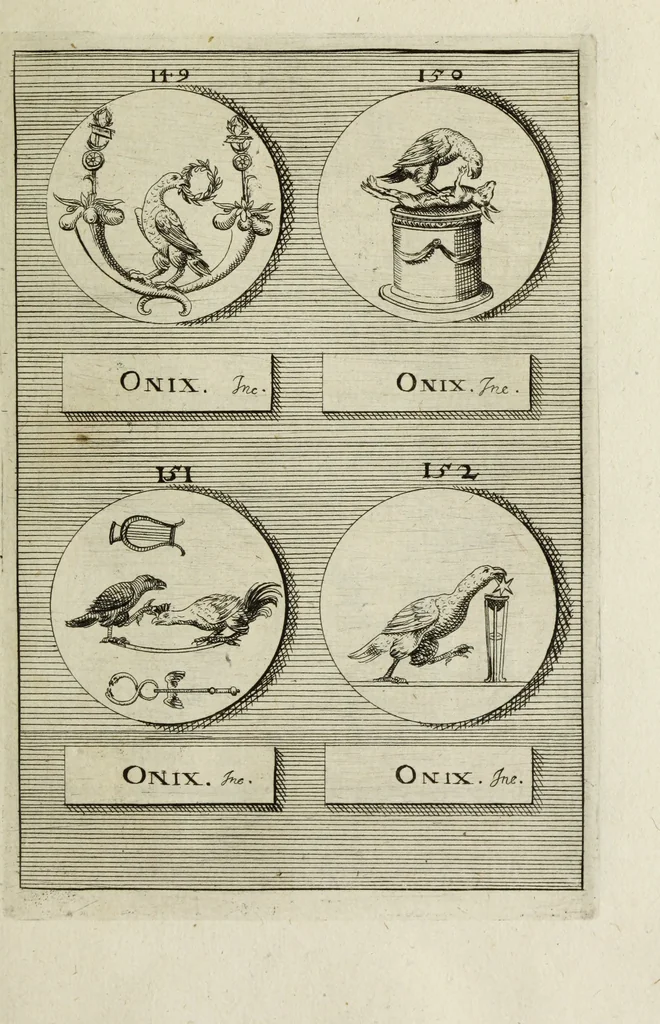An illustration from Abrahami Gorlaei antverpiani Dactyliothecae, seu, Annulorum sigillarium quorum apud priscos tam Graecos quam Romanos usus, ex ferro, aere, argento & auro promptuarii pars prima[-secunda] : collectis aliunde & ineditis & editis annulorum figuris auctior, 1695, leaf 142