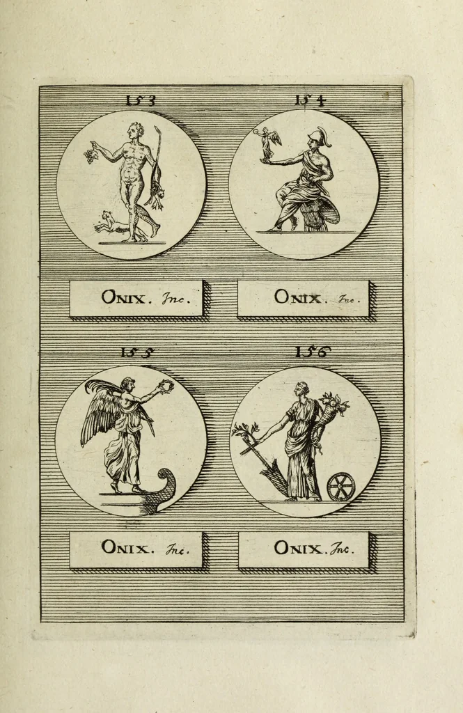 An illustration from Abrahami Gorlaei antverpiani Dactyliothecae, seu, Annulorum sigillarium quorum apud priscos tam Graecos quam Romanos usus, ex ferro, aere, argento & auro promptuarii pars prima[-secunda] : collectis aliunde & ineditis & editis annulorum figuris auctior, 1695, leaf 144