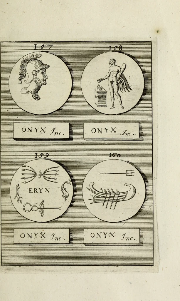 An illustration from Abrahami Gorlaei antverpiani Dactyliothecae, seu, Annulorum sigillarium quorum apud priscos tam Graecos quam Romanos usus, ex ferro, aere, argento & auro promptuarii pars prima[-secunda] : collectis aliunde & ineditis & editis annulorum figuris auctior, 1695, leaf 146