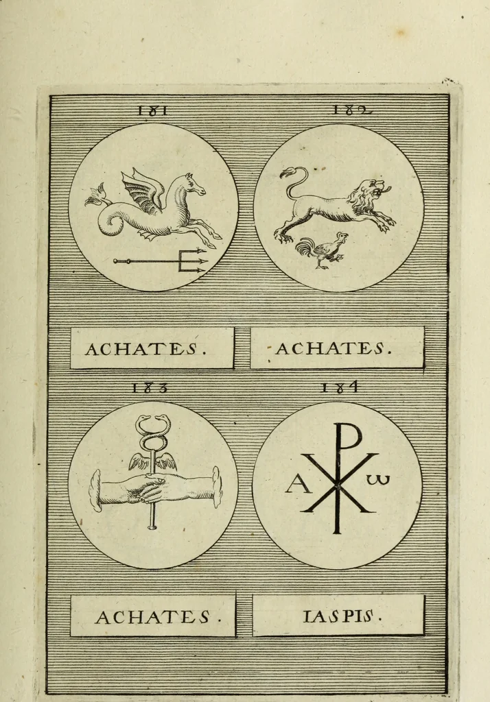 An illustration from Abrahami Gorlaei antverpiani Dactyliothecae, seu, Annulorum sigillarium quorum apud priscos tam Graecos quam Romanos usus, ex ferro, aere, argento & auro promptuarii pars prima[-secunda] : collectis aliunde & ineditis & editis annulorum figuris auctior, 1695, leaf 158