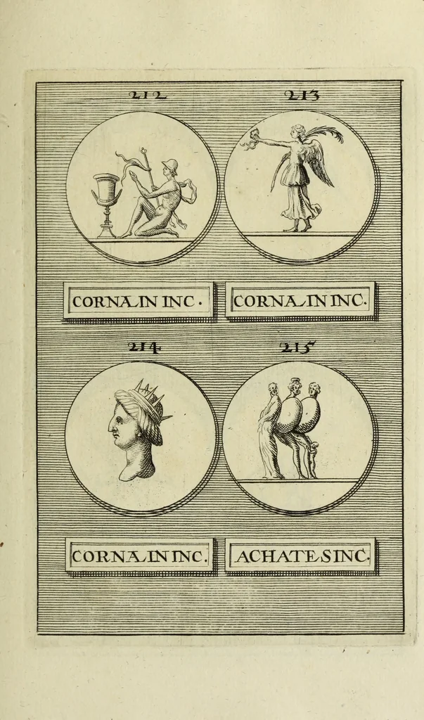 An illustration from Abrahami Gorlaei antverpiani Dactyliothecae, seu, Annulorum sigillarium quorum apud priscos tam Graecos quam Romanos usus, ex ferro, aere, argento & auro promptuarii pars prima[-secunda] : collectis aliunde & ineditis & editis annulorum figuris auctior, 1695, leaf 174