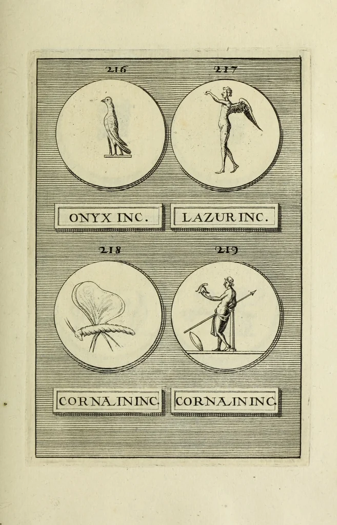 An illustration from Abrahami Gorlaei antverpiani Dactyliothecae, seu, Annulorum sigillarium quorum apud priscos tam Graecos quam Romanos usus, ex ferro, aere, argento & auro promptuarii pars prima[-secunda] : collectis aliunde & ineditis & editis annulorum figuris auctior, 1695, leaf 176