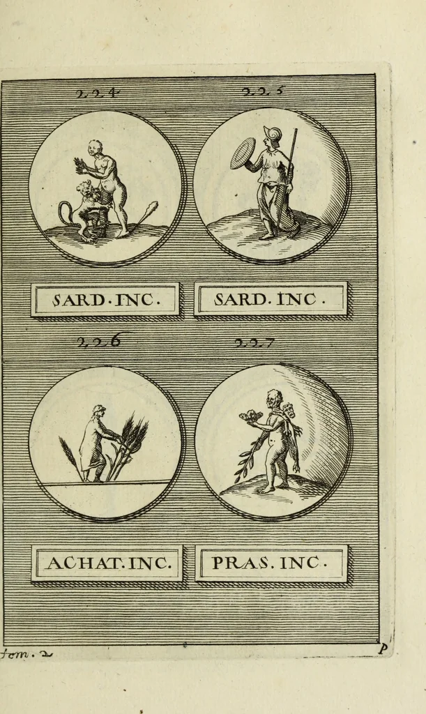 An illustration from Abrahami Gorlaei antverpiani Dactyliothecae, seu, Annulorum sigillarium quorum apud priscos tam Graecos quam Romanos usus, ex ferro, aere, argento & auro promptuarii pars prima[-secunda] : collectis aliunde & ineditis & editis annulorum figuris auctior, 1695, leaf 180