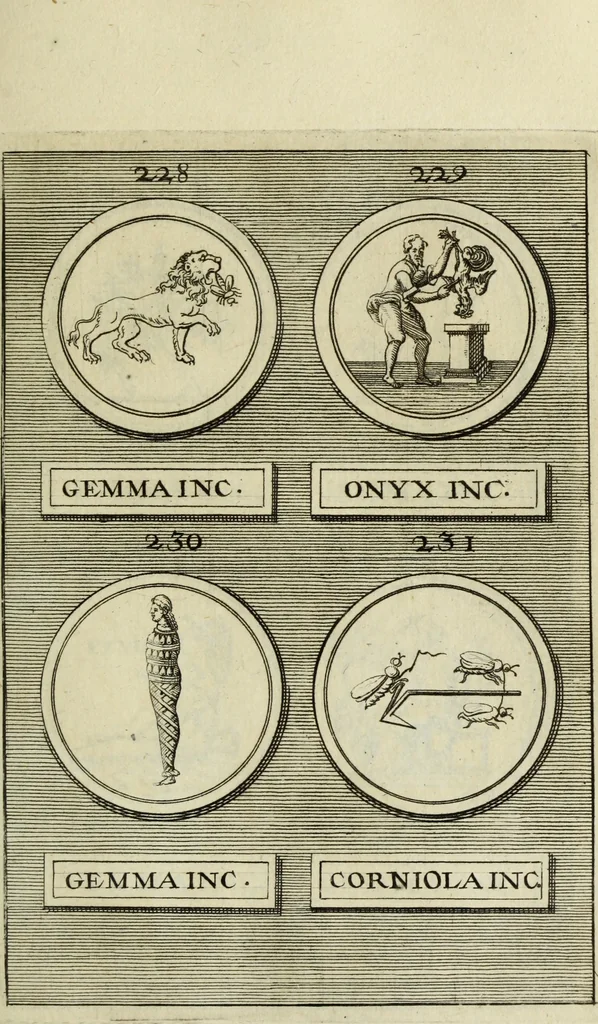 An illustration from Abrahami Gorlaei antverpiani Dactyliothecae, seu, Annulorum sigillarium quorum apud priscos tam Graecos quam Romanos usus, ex ferro, aere, argento & auro promptuarii pars prima[-secunda] : collectis aliunde & ineditis & editis annulorum figuris auctior, 1695, leaf 182