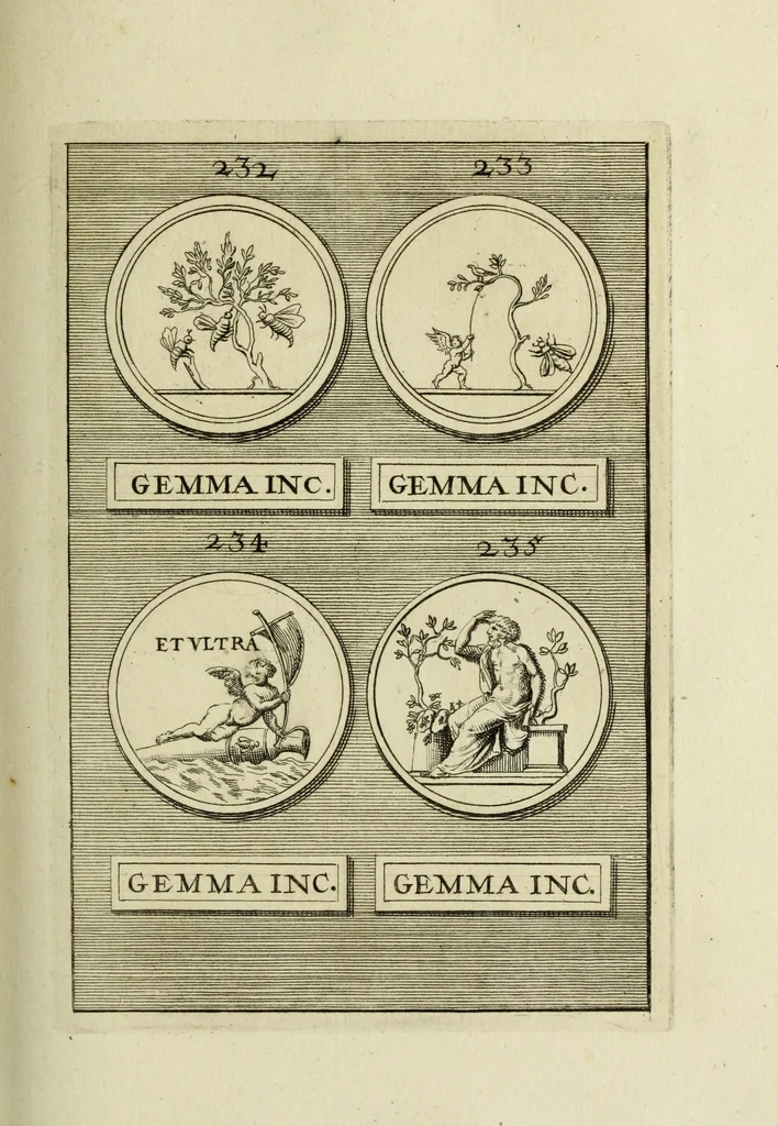 An illustration from Abrahami Gorlaei antverpiani Dactyliothecae, seu, Annulorum sigillarium quorum apud priscos tam Graecos quam Romanos usus, ex ferro, aere, argento & auro promptuarii pars prima[-secunda] : collectis aliunde & ineditis & editis annulorum figuris auctior, 1695, leaf 184