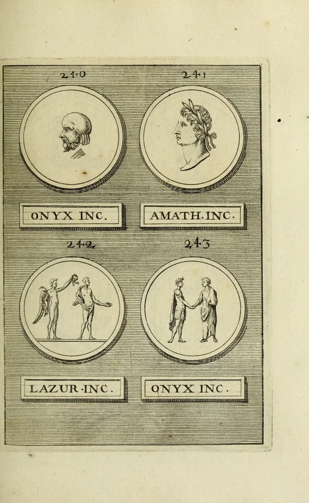 An illustration from Abrahami Gorlaei antverpiani Dactyliothecae, seu, Annulorum sigillarium quorum apud priscos tam Graecos quam Romanos usus, ex ferro, aere, argento & auro promptuarii pars prima[-secunda] : collectis aliunde & ineditis & editis annulorum figuris auctior, 1695, leaf 190