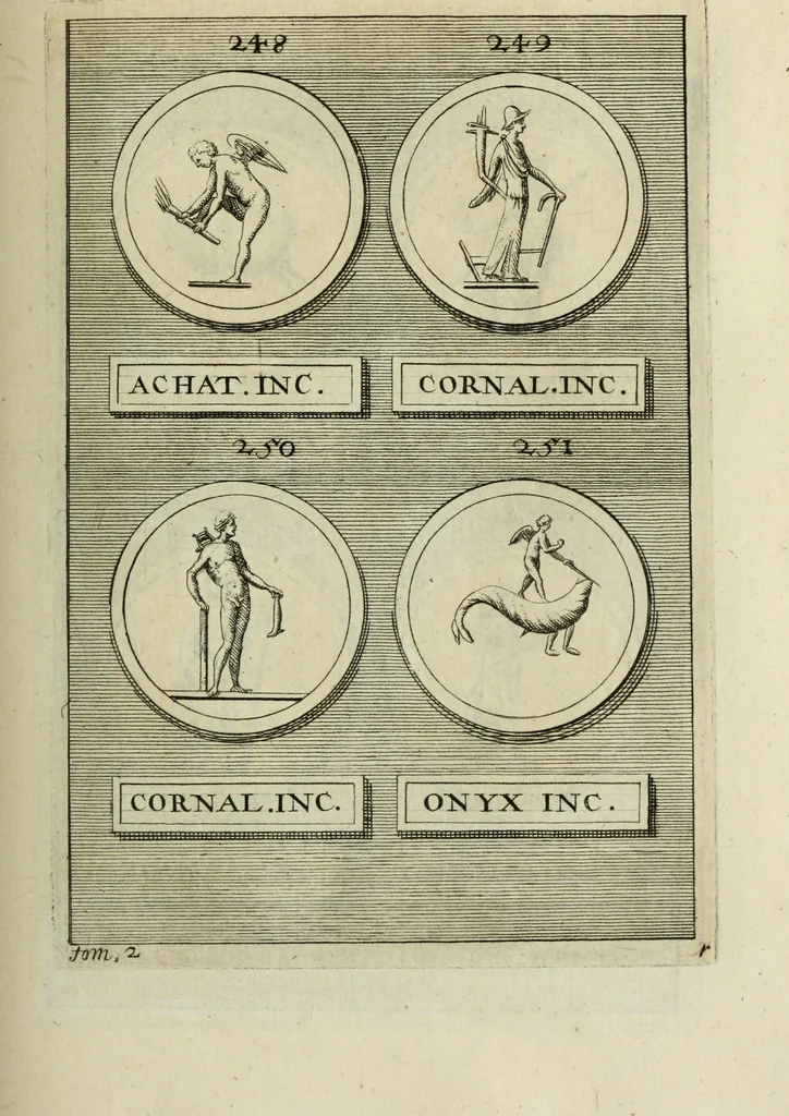 An illustration from Abrahami Gorlaei antverpiani Dactyliothecae, seu, Annulorum sigillarium quorum apud priscos tam Graecos quam Romanos usus, ex ferro, aere, argento & auro promptuarii pars prima[-secunda] : collectis aliunde & ineditis & editis annulorum figuris auctior, 1695, leaf 196
