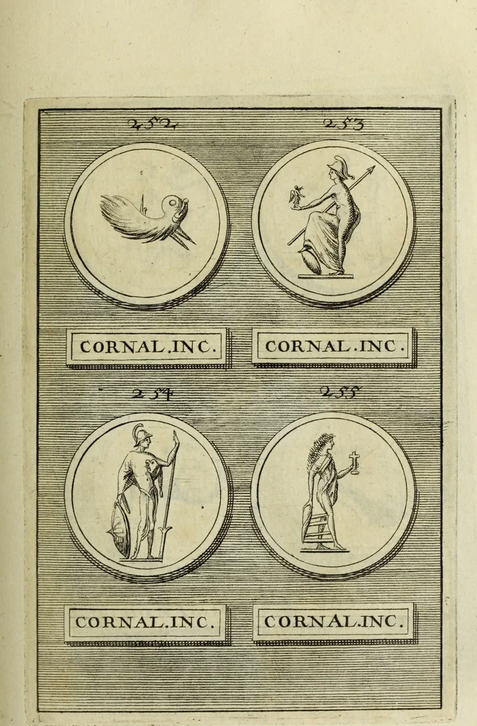 An illustration from Abrahami Gorlaei antverpiani Dactyliothecae, seu, Annulorum sigillarium quorum apud priscos tam Graecos quam Romanos usus, ex ferro, aere, argento & auro promptuarii pars prima[-secunda] : collectis aliunde & ineditis & editis annulorum figuris auctior, 1695, leaf 198