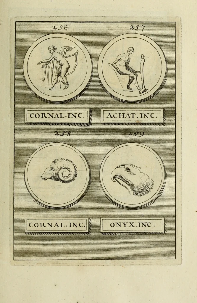An illustration from Abrahami Gorlaei antverpiani Dactyliothecae, seu, Annulorum sigillarium quorum apud priscos tam Graecos quam Romanos usus, ex ferro, aere, argento & auro promptuarii pars prima[-secunda] : collectis aliunde & ineditis & editis annulorum figuris auctior, 1695, leaf 200