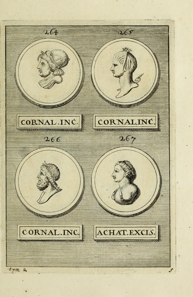 An illustration from Abrahami Gorlaei antverpiani Dactyliothecae, seu, Annulorum sigillarium quorum apud priscos tam Graecos quam Romanos usus, ex ferro, aere, argento & auro promptuarii pars prima[-secunda] : collectis aliunde & ineditis & editis annulorum figuris auctior, 1695, leaf 204