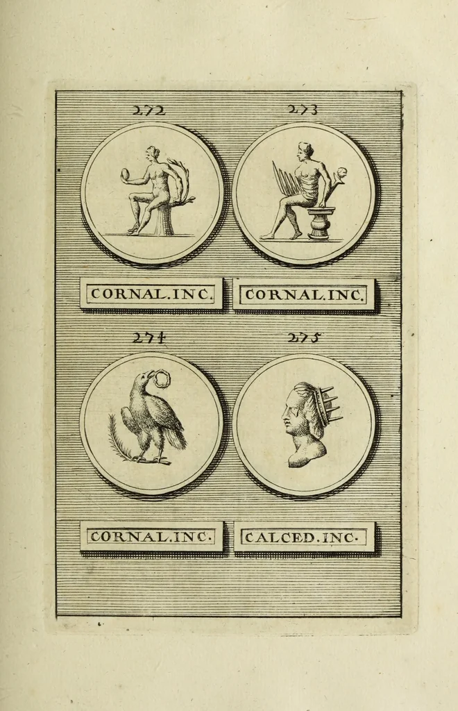 An illustration from Abrahami Gorlaei antverpiani Dactyliothecae, seu, Annulorum sigillarium quorum apud priscos tam Graecos quam Romanos usus, ex ferro, aere, argento & auro promptuarii pars prima[-secunda] : collectis aliunde & ineditis & editis annulorum figuris auctior, 1695, leaf 208