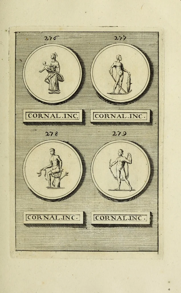 An illustration from Abrahami Gorlaei antverpiani Dactyliothecae, seu, Annulorum sigillarium quorum apud priscos tam Graecos quam Romanos usus, ex ferro, aere, argento & auro promptuarii pars prima[-secunda] : collectis aliunde & ineditis & editis annulorum figuris auctior, 1695, leaf 210