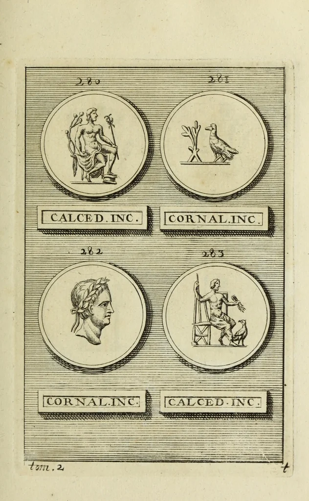An illustration from Abrahami Gorlaei antverpiani Dactyliothecae, seu, Annulorum sigillarium quorum apud priscos tam Graecos quam Romanos usus, ex ferro, aere, argento & auro promptuarii pars prima[-secunda] : collectis aliunde & ineditis & editis annulorum figuris auctior, 1695, leaf 212