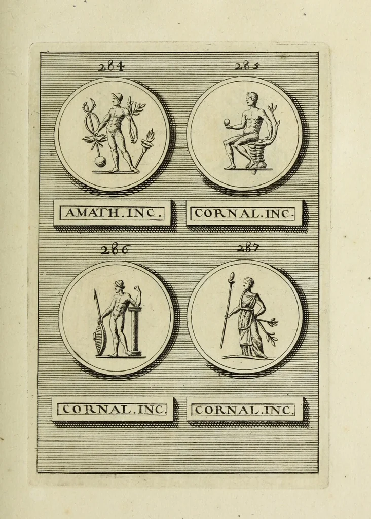 An illustration from Abrahami Gorlaei antverpiani Dactyliothecae, seu, Annulorum sigillarium quorum apud priscos tam Graecos quam Romanos usus, ex ferro, aere, argento & auro promptuarii pars prima[-secunda] : collectis aliunde & ineditis & editis annulorum figuris auctior, 1695, leaf 214