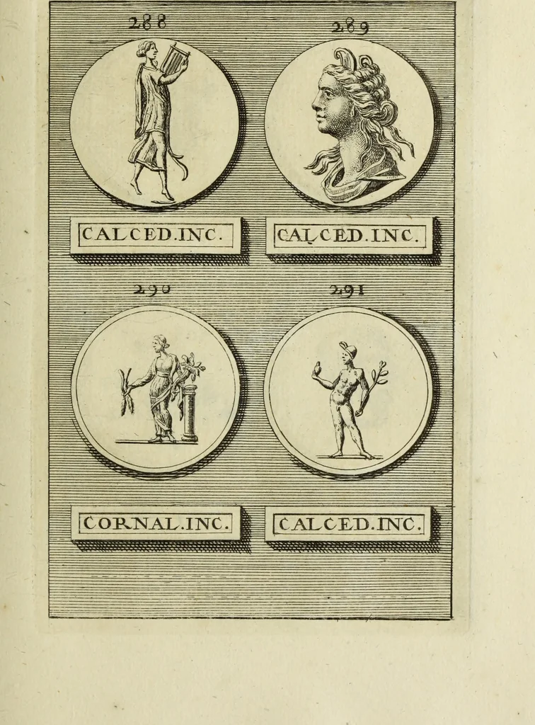 An illustration from Abrahami Gorlaei antverpiani Dactyliothecae, seu, Annulorum sigillarium quorum apud priscos tam Graecos quam Romanos usus, ex ferro, aere, argento & auro promptuarii pars prima[-secunda] : collectis aliunde & ineditis & editis annulorum figuris auctior, 1695, leaf 216