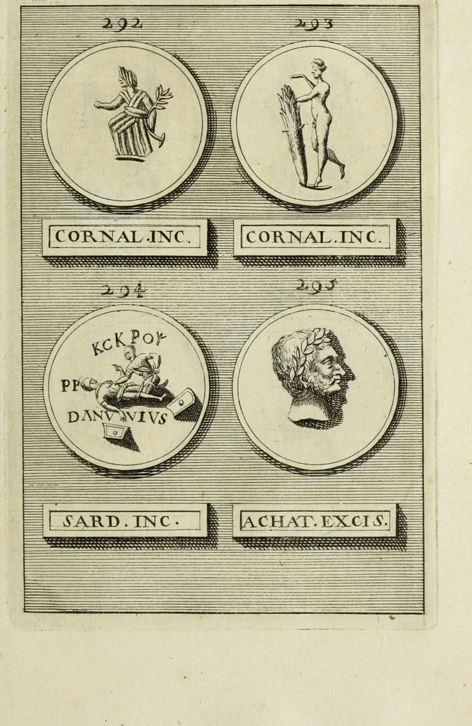 An illustration from Abrahami Gorlaei antverpiani Dactyliothecae, seu, Annulorum sigillarium quorum apud priscos tam Graecos quam Romanos usus, ex ferro, aere, argento & auro promptuarii pars prima[-secunda] : collectis aliunde & ineditis & editis annulorum figuris auctior, 1695, leaf 218