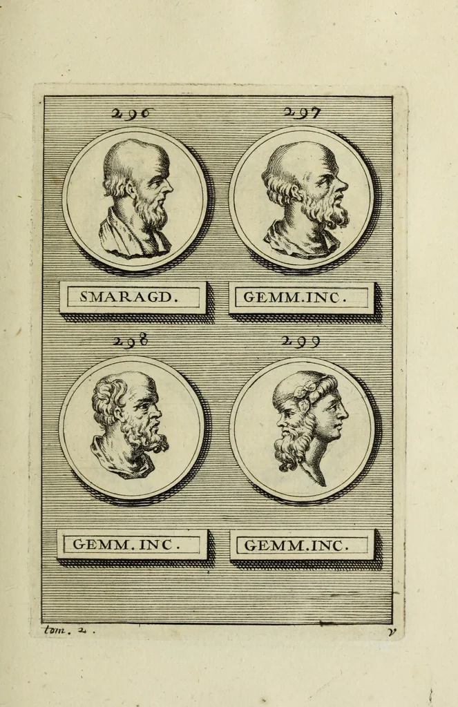 An illustration from Abrahami Gorlaei antverpiani Dactyliothecae, seu, Annulorum sigillarium quorum apud priscos tam Graecos quam Romanos usus, ex ferro, aere, argento & auro promptuarii pars prima[-secunda] : collectis aliunde & ineditis & editis annulorum figuris auctior, 1695, leaf 220