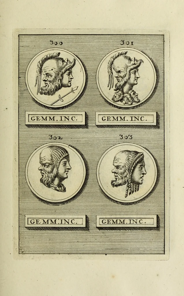 An illustration from Abrahami Gorlaei antverpiani Dactyliothecae, seu, Annulorum sigillarium quorum apud priscos tam Graecos quam Romanos usus, ex ferro, aere, argento & auro promptuarii pars prima[-secunda] : collectis aliunde & ineditis & editis annulorum figuris auctior, 1695, leaf 222