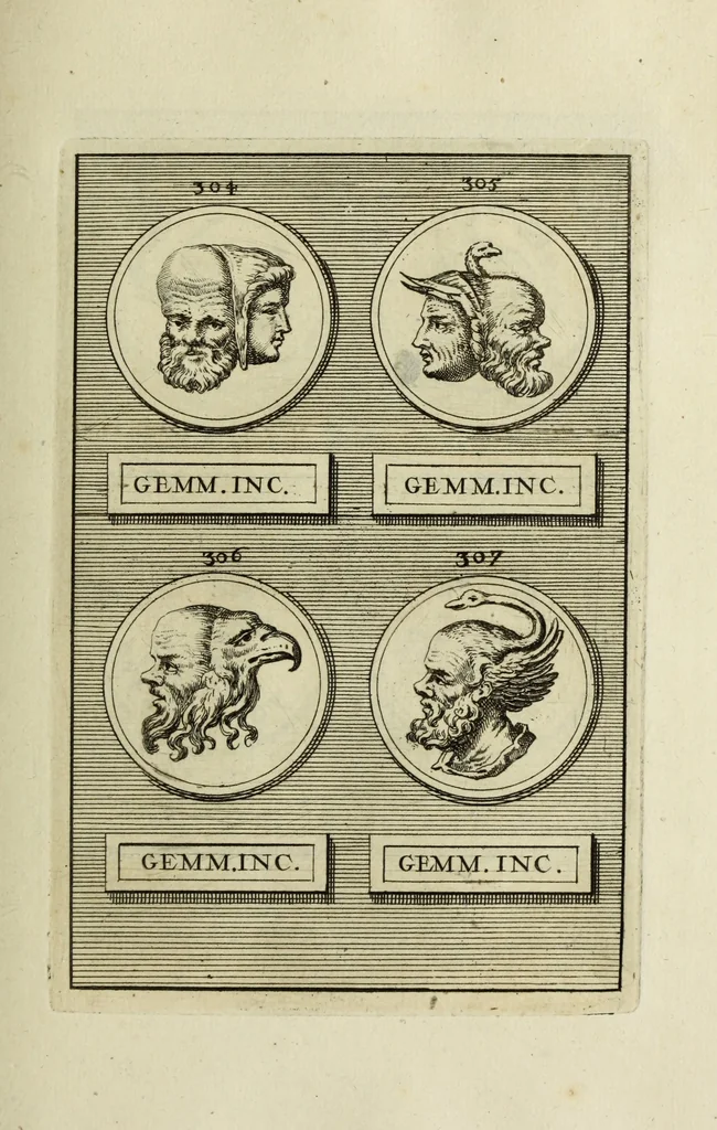 An illustration from Abrahami Gorlaei antverpiani Dactyliothecae, seu, Annulorum sigillarium quorum apud priscos tam Graecos quam Romanos usus, ex ferro, aere, argento & auro promptuarii pars prima[-secunda] : collectis aliunde & ineditis & editis annulorum figuris auctior, 1695, leaf 224