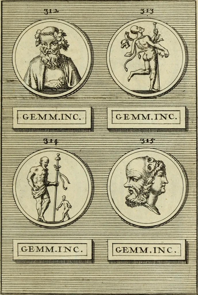 An illustration from Abrahami Gorlaei antverpiani Dactyliothecae, seu, Annulorum sigillarium quorum apud priscos tam Graecos quam Romanos usus, ex ferro, aere, argento & auro promptuarii pars prima[-secunda] : collectis aliunde & ineditis & editis annulorum figuris auctior, 1695, leaf 228