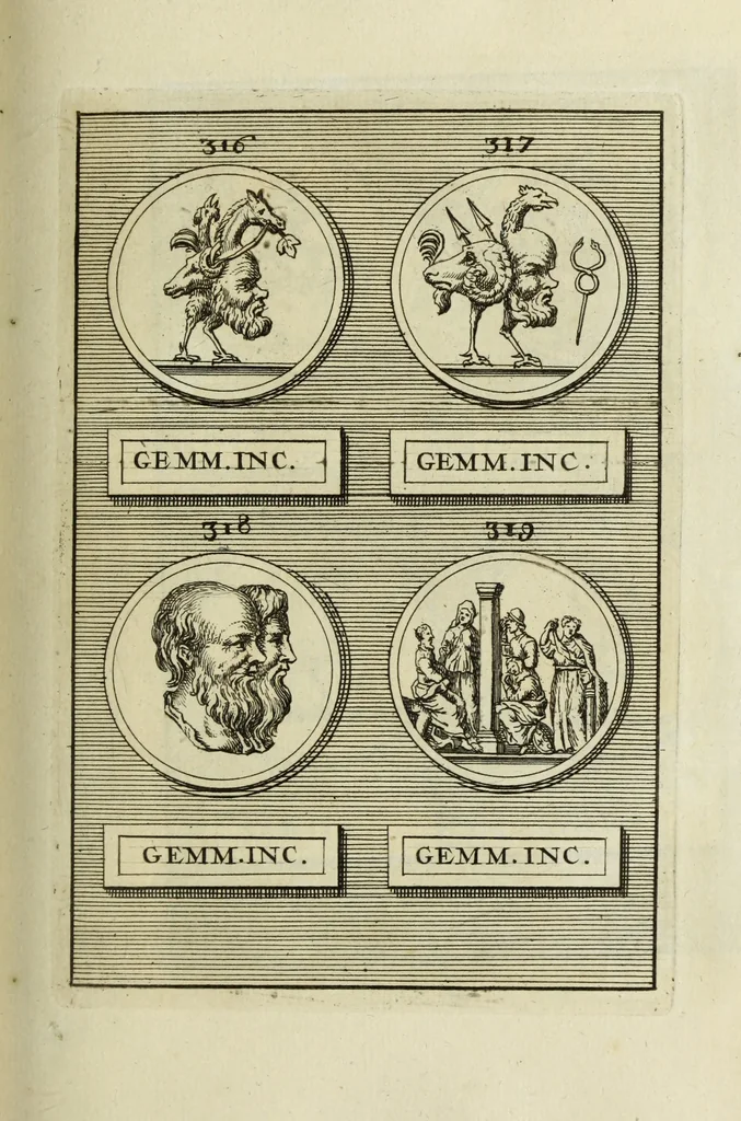 An illustration from Abrahami Gorlaei antverpiani Dactyliothecae, seu, Annulorum sigillarium quorum apud priscos tam Graecos quam Romanos usus, ex ferro, aere, argento & auro promptuarii pars prima[-secunda] : collectis aliunde & ineditis & editis annulorum figuris auctior, 1695, leaf 230