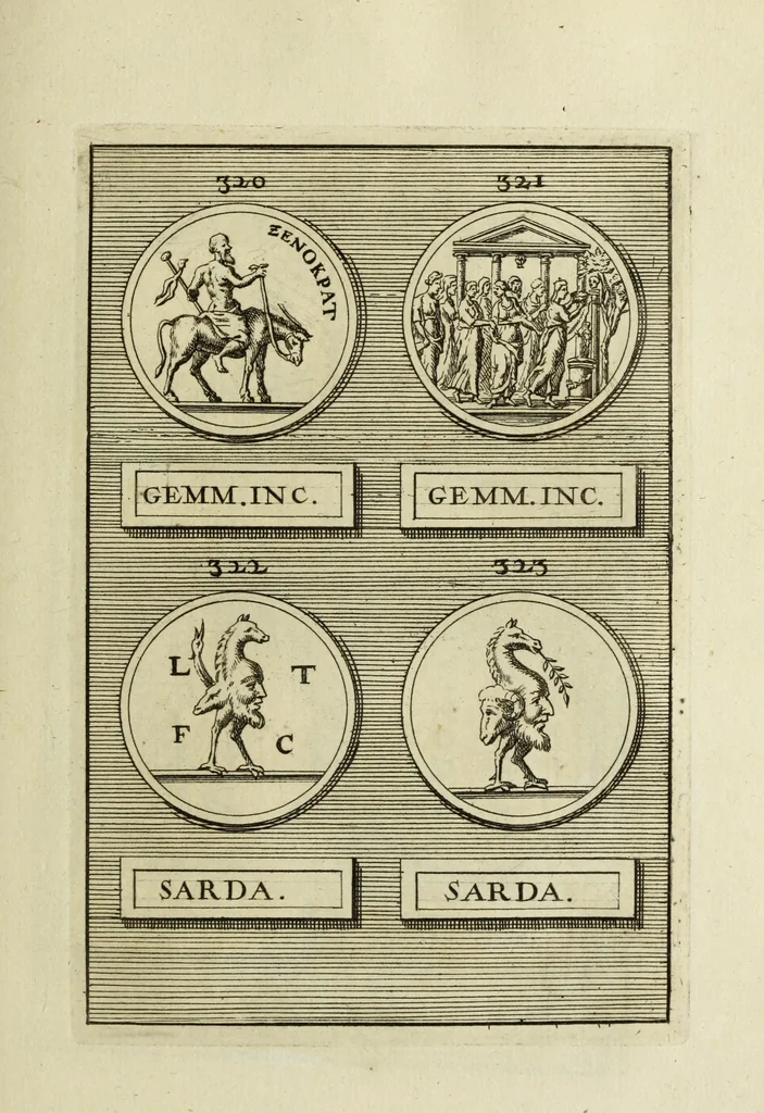 An illustration from Abrahami Gorlaei antverpiani Dactyliothecae, seu, Annulorum sigillarium quorum apud priscos tam Graecos quam Romanos usus, ex ferro, aere, argento & auro promptuarii pars prima[-secunda] : collectis aliunde & ineditis & editis annulorum figuris auctior, 1695, leaf 232
