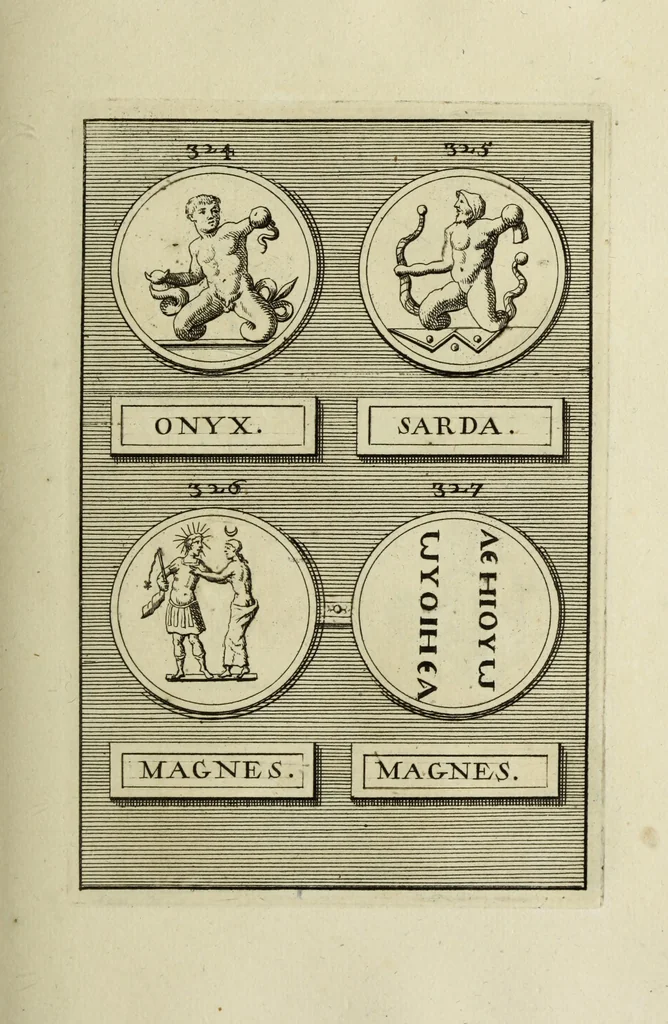 An illustration from Abrahami Gorlaei antverpiani Dactyliothecae, seu, Annulorum sigillarium quorum apud priscos tam Graecos quam Romanos usus, ex ferro, aere, argento & auro promptuarii pars prima[-secunda] : collectis aliunde & ineditis & editis annulorum figuris auctior, 1695, leaf 234