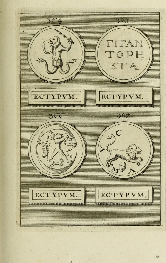 An illustration from Abrahami Gorlaei antverpiani Dactyliothecae, seu, Annulorum sigillarium quorum apud priscos tam Graecos quam Romanos usus, ex ferro, aere, argento & auro promptuarii pars prima[-secunda] : collectis aliunde & ineditis & editis annulorum figuris auctior, 1695, leaf 254