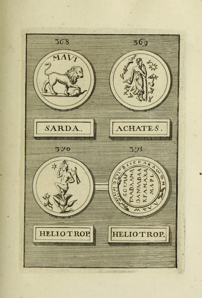 An illustration from Abrahami Gorlaei antverpiani Dactyliothecae, seu, Annulorum sigillarium quorum apud priscos tam Graecos quam Romanos usus, ex ferro, aere, argento & auro promptuarii pars prima[-secunda] : collectis aliunde & ineditis & editis annulorum figuris auctior, 1695, leaf 256