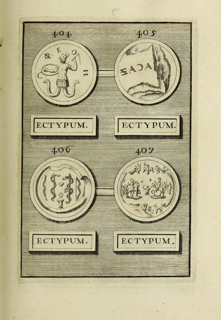 An illustration from Abrahami Gorlaei antverpiani Dactyliothecae, seu, Annulorum sigillarium quorum apud priscos tam Graecos quam Romanos usus, ex ferro, aere, argento & auro promptuarii pars prima[-secunda] : collectis aliunde & ineditis & editis annulorum figuris auctior, 1695, leaf 274