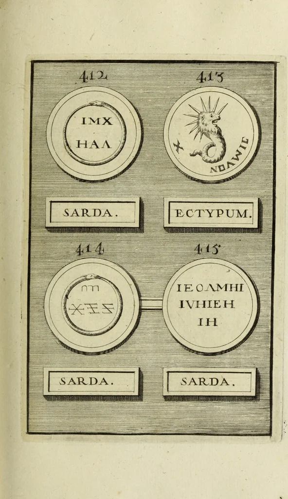An illustration from Abrahami Gorlaei antverpiani Dactyliothecae, seu, Annulorum sigillarium quorum apud priscos tam Graecos quam Romanos usus, ex ferro, aere, argento & auro promptuarii pars prima[-secunda] : collectis aliunde & ineditis & editis annulorum figuris auctior, 1695, leaf 278