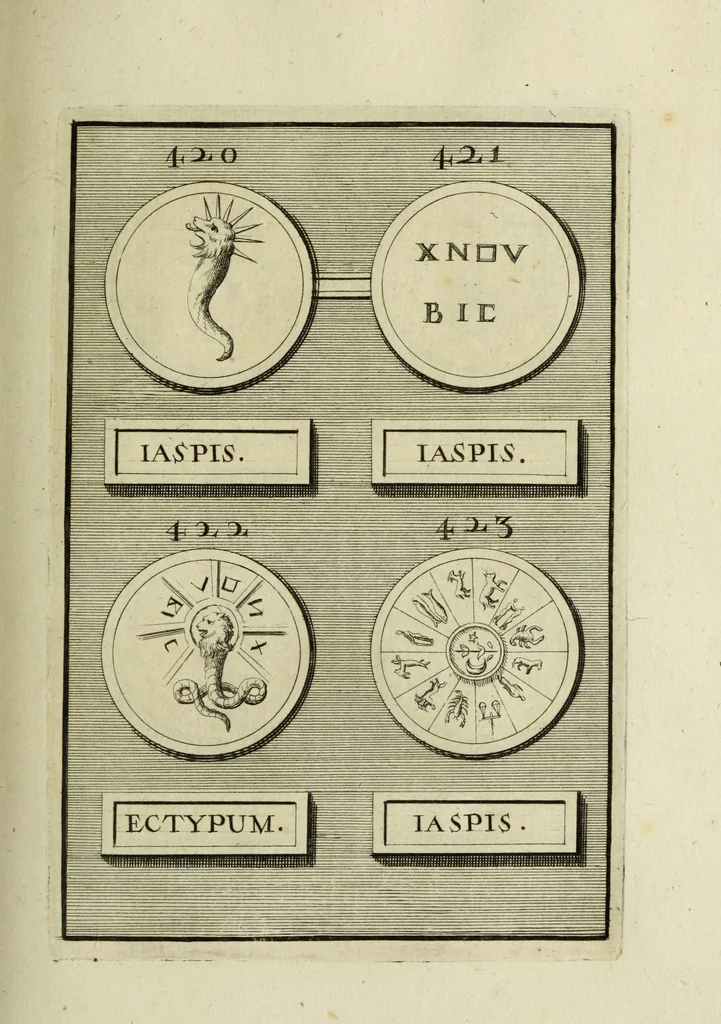 An illustration from Abrahami Gorlaei antverpiani Dactyliothecae, seu, Annulorum sigillarium quorum apud priscos tam Graecos quam Romanos usus, ex ferro, aere, argento & auro promptuarii pars prima[-secunda] : collectis aliunde & ineditis & editis annulorum figuris auctior, 1695, leaf 282