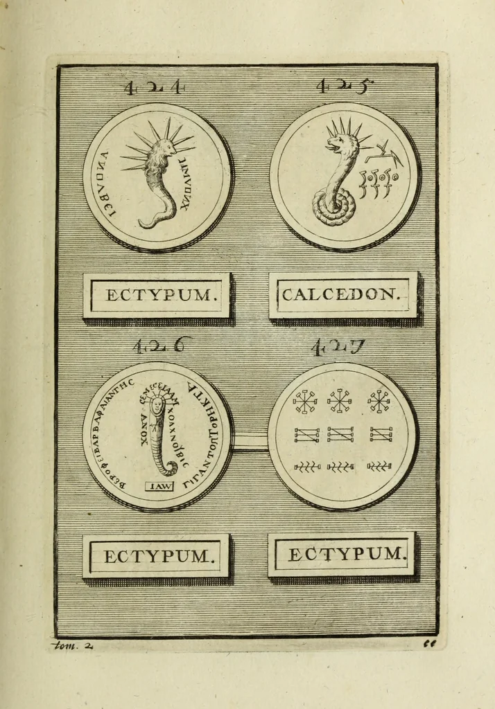 An illustration from Abrahami Gorlaei antverpiani Dactyliothecae, seu, Annulorum sigillarium quorum apud priscos tam Graecos quam Romanos usus, ex ferro, aere, argento & auro promptuarii pars prima[-secunda] : collectis aliunde & ineditis & editis annulorum figuris auctior, 1695, leaf 284
