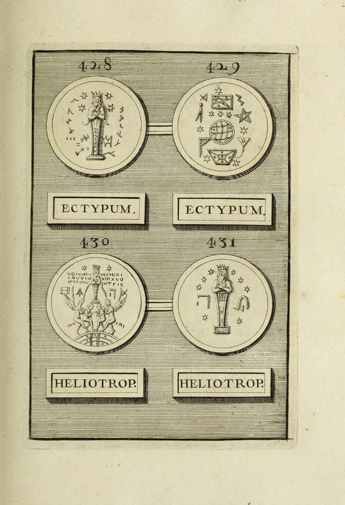 An illustration from Abrahami Gorlaei antverpiani Dactyliothecae, seu, Annulorum sigillarium quorum apud priscos tam Graecos quam Romanos usus, ex ferro, aere, argento & auro promptuarii pars prima[-secunda] : collectis aliunde & ineditis & editis annulorum figuris auctior, 1695, leaf 286
