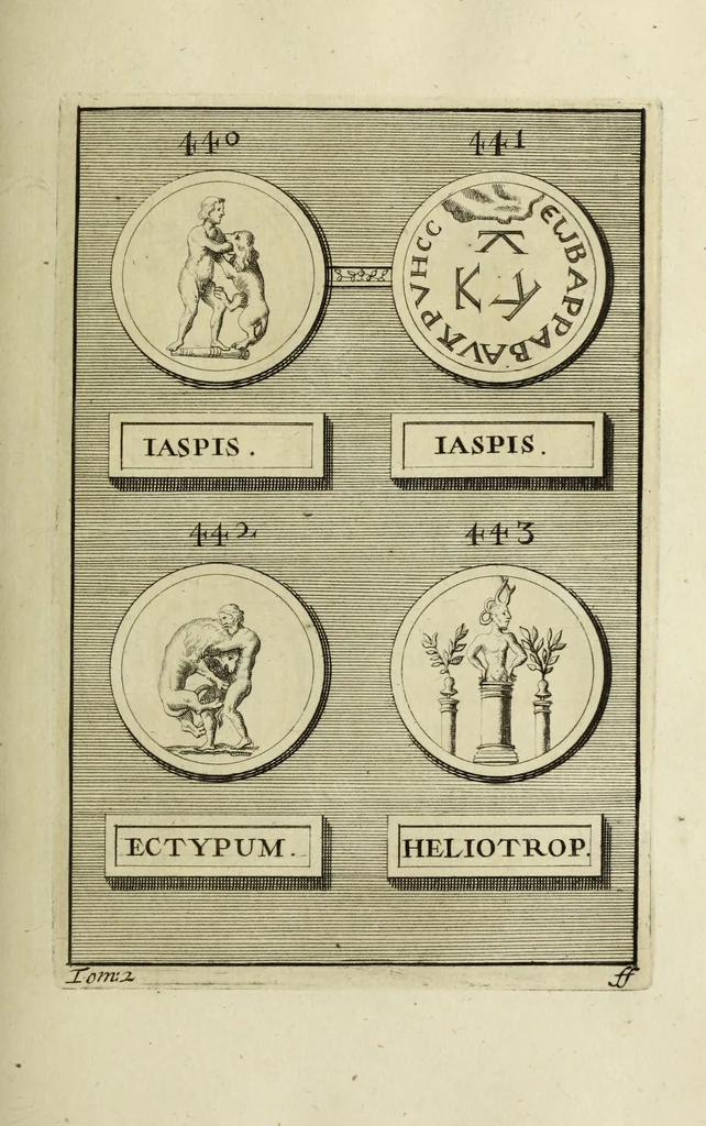 An illustration from Abrahami Gorlaei antverpiani Dactyliothecae, seu, Annulorum sigillarium quorum apud priscos tam Graecos quam Romanos usus, ex ferro, aere, argento & auro promptuarii pars prima[-secunda] : collectis aliunde & ineditis & editis annulorum figuris auctior, 1695, leaf 292