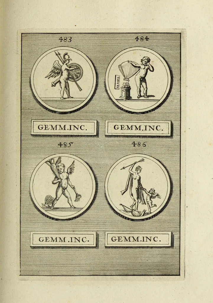 An illustration from Abrahami Gorlaei antverpiani Dactyliothecae, seu, Annulorum sigillarium quorum apud priscos tam Graecos quam Romanos usus, ex ferro, aere, argento & auro promptuarii pars prima[-secunda] : collectis aliunde & ineditis & editis annulorum figuris auctior, 1695, leaf 314