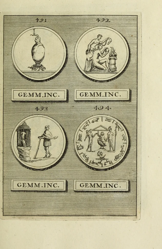 An illustration from Abrahami Gorlaei antverpiani Dactyliothecae, seu, Annulorum sigillarium quorum apud priscos tam Graecos quam Romanos usus, ex ferro, aere, argento & auro promptuarii pars prima[-secunda] : collectis aliunde & ineditis & editis annulorum figuris auctior, 1695, leaf 318