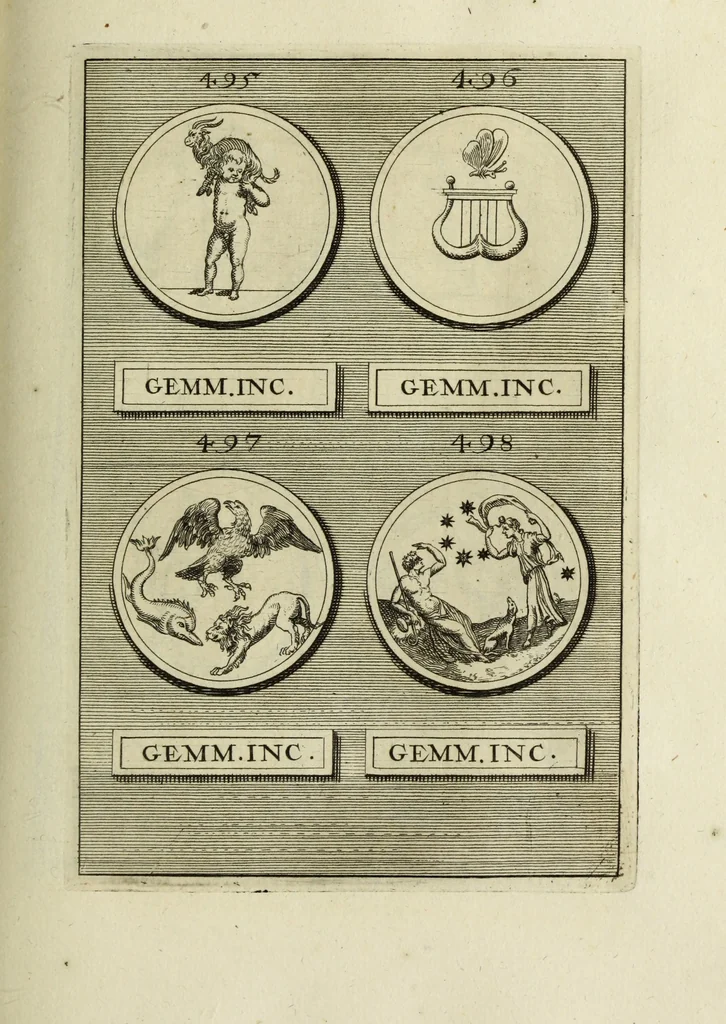 An illustration from Abrahami Gorlaei antverpiani Dactyliothecae, seu, Annulorum sigillarium quorum apud priscos tam Graecos quam Romanos usus, ex ferro, aere, argento & auro promptuarii pars prima[-secunda] : collectis aliunde & ineditis & editis annulorum figuris auctior, 1695, leaf 320