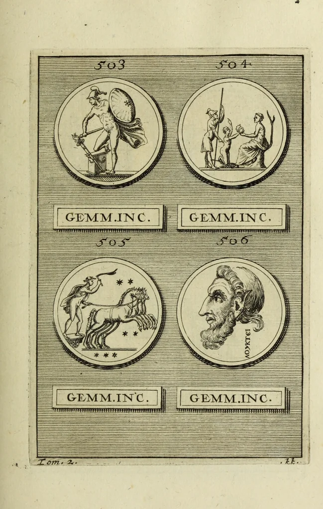An illustration from Abrahami Gorlaei antverpiani Dactyliothecae, seu, Annulorum sigillarium quorum apud priscos tam Graecos quam Romanos usus, ex ferro, aere, argento & auro promptuarii pars prima[-secunda] : collectis aliunde & ineditis & editis annulorum figuris auctior, 1695, leaf 324