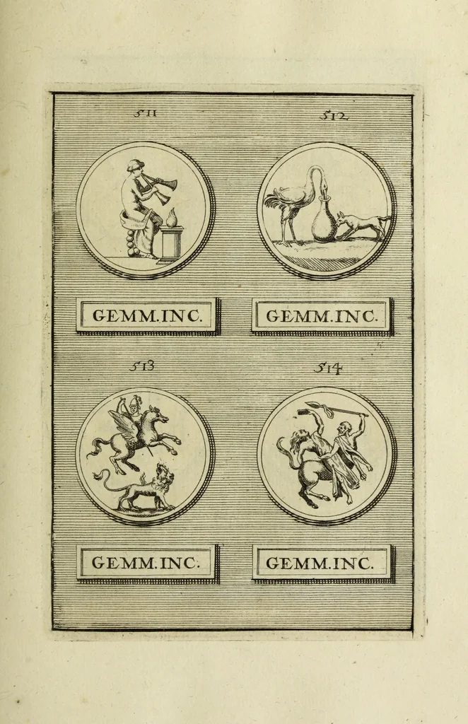 An illustration from Abrahami Gorlaei antverpiani Dactyliothecae, seu, Annulorum sigillarium quorum apud priscos tam Graecos quam Romanos usus, ex ferro, aere, argento & auro promptuarii pars prima[-secunda] : collectis aliunde & ineditis & editis annulorum figuris auctior, 1695, leaf 328