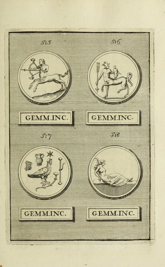 An illustration from Abrahami Gorlaei antverpiani Dactyliothecae, seu, Annulorum sigillarium quorum apud priscos tam Graecos quam Romanos usus, ex ferro, aere, argento & auro promptuarii pars prima[-secunda] : collectis aliunde & ineditis & editis annulorum figuris auctior, 1695, leaf 330