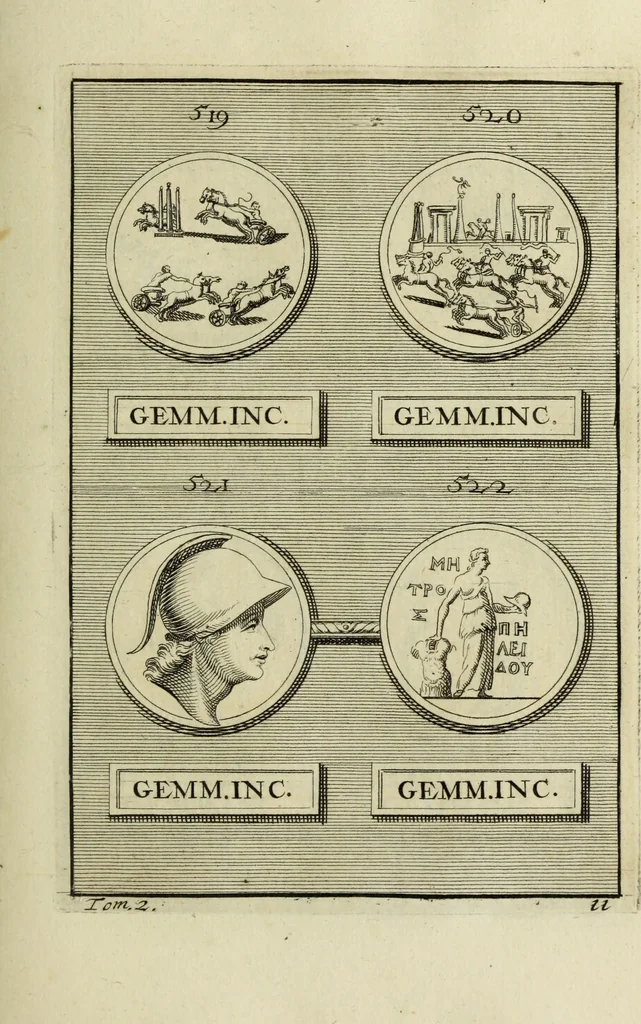 An illustration from Abrahami Gorlaei antverpiani Dactyliothecae, seu, Annulorum sigillarium quorum apud priscos tam Graecos quam Romanos usus, ex ferro, aere, argento & auro promptuarii pars prima[-secunda] : collectis aliunde & ineditis & editis annulorum figuris auctior, 1695, leaf 332