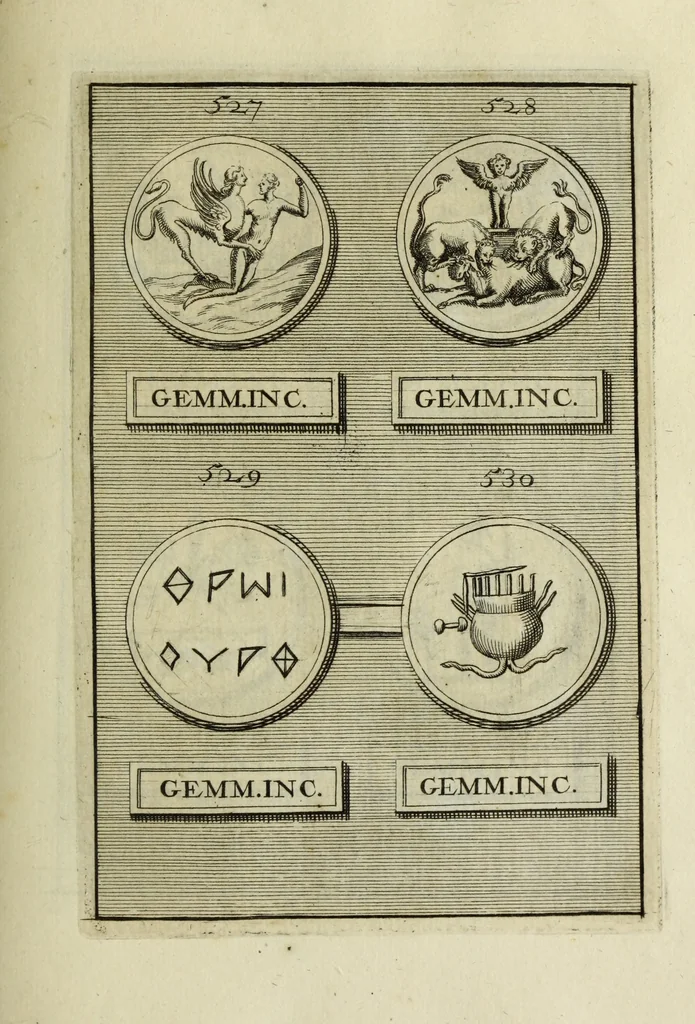 An illustration from Abrahami Gorlaei antverpiani Dactyliothecae, seu, Annulorum sigillarium quorum apud priscos tam Graecos quam Romanos usus, ex ferro, aere, argento & auro promptuarii pars prima[-secunda] : collectis aliunde & ineditis & editis annulorum figuris auctior, 1695, leaf 336