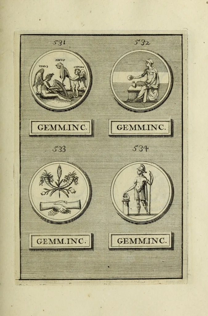 An illustration from Abrahami Gorlaei antverpiani Dactyliothecae, seu, Annulorum sigillarium quorum apud priscos tam Graecos quam Romanos usus, ex ferro, aere, argento & auro promptuarii pars prima[-secunda] : collectis aliunde & ineditis & editis annulorum figuris auctior, 1695, leaf 338
